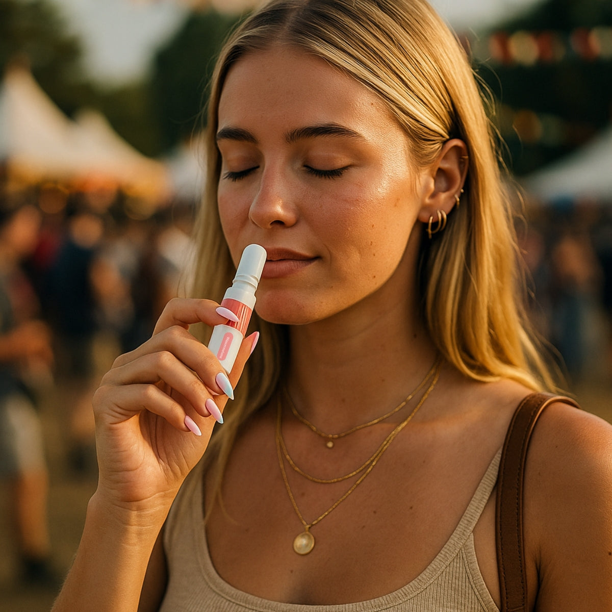 Frau hält OriHerb Inhalator nahe an die Nase – Lifestyle-Anwendung im Alltag