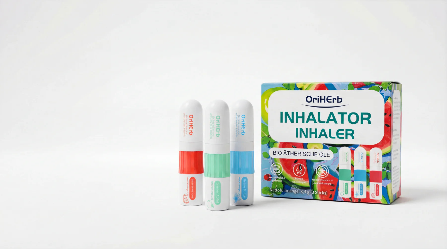 OriHerb Aroma-Sticks in drei Duftsorten – grüner Apfel, grüne Minze und Wassermelone. Oriherb.ch