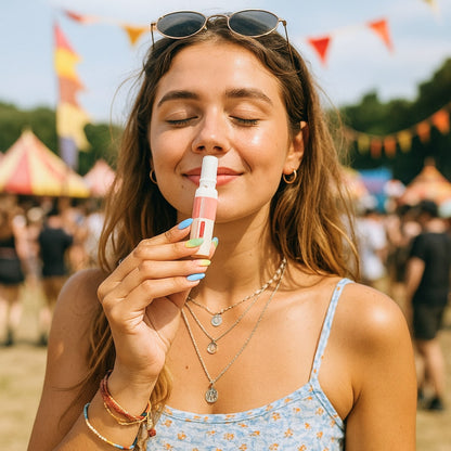 Frau hält OriHerb Inhalator nahe an die Nase – Lifestyle-Anwendung im Alltag