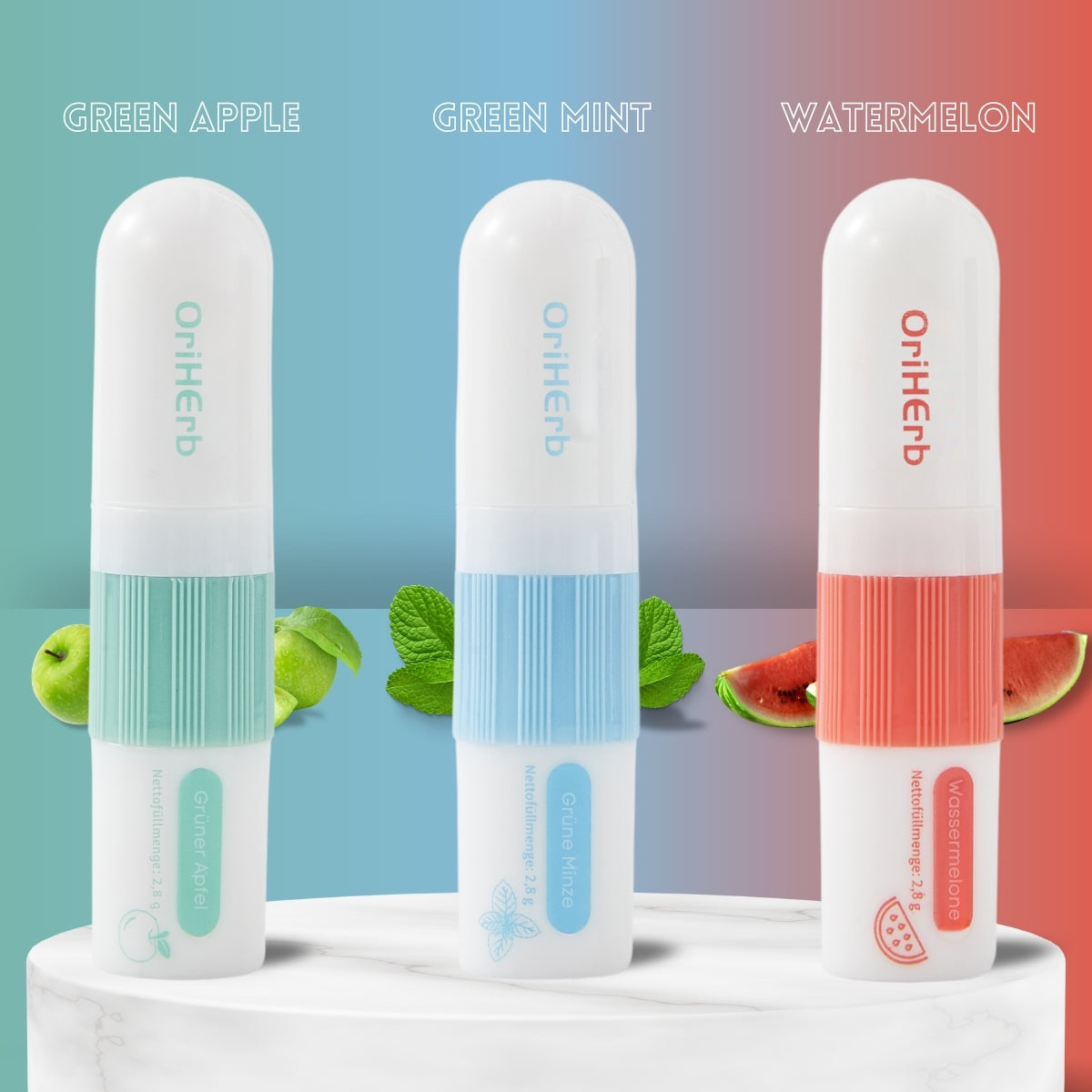 OriHerb Aroma-Sticks in drei Duftsorten – grüner Apfel, grüne Minze und Wassermelone