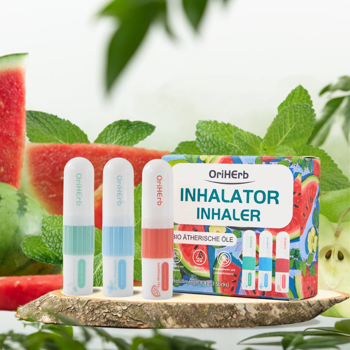 OriHerb Inhalator 3er-Set – natürliche Verpackung mit Apfel, Minze und Wassermelone im Freien