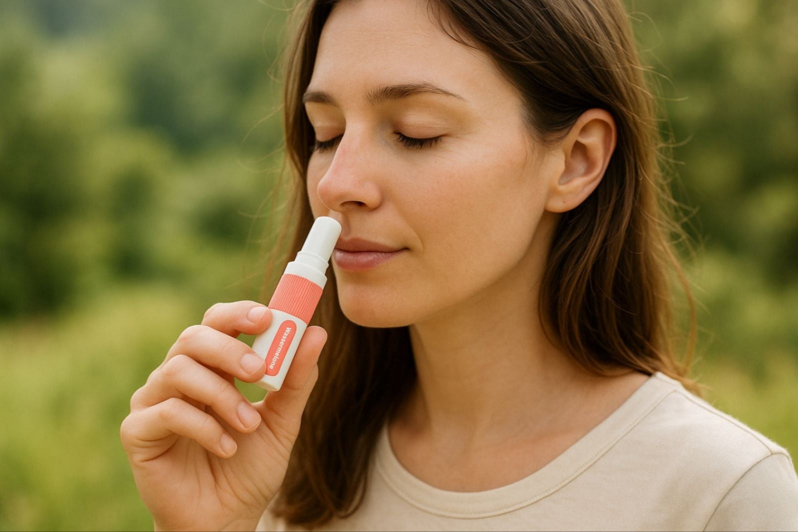 Junge Frau nutzt den OriHerb Aroma Inhalator mit BIO-Ölen im Freien – natürliche Erfrischung unterwegs