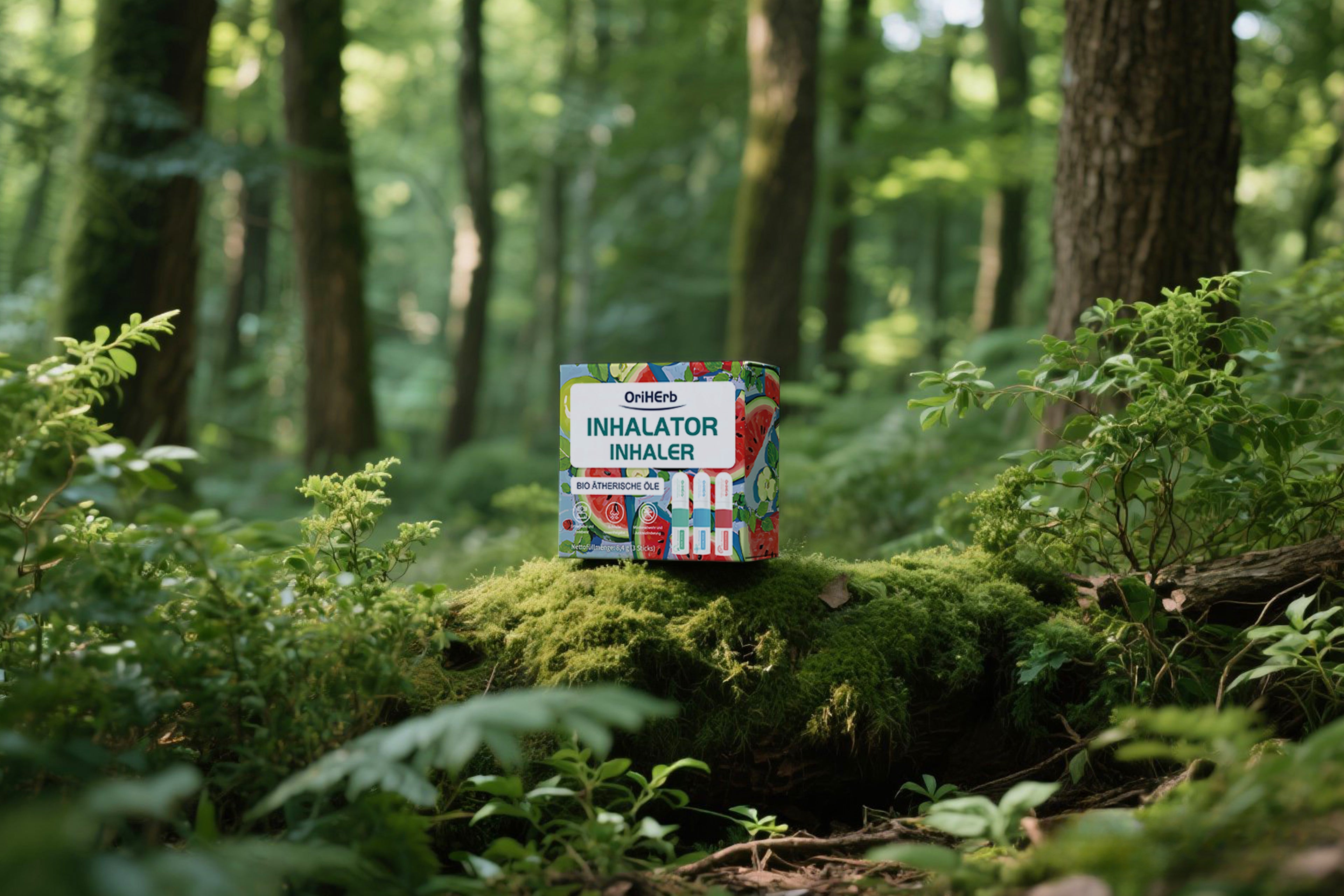 OriHerb Aroma Inhalator auf moosbedecktem Baumstamm im Wald – natürliche Frische und Nachhaltigkeit